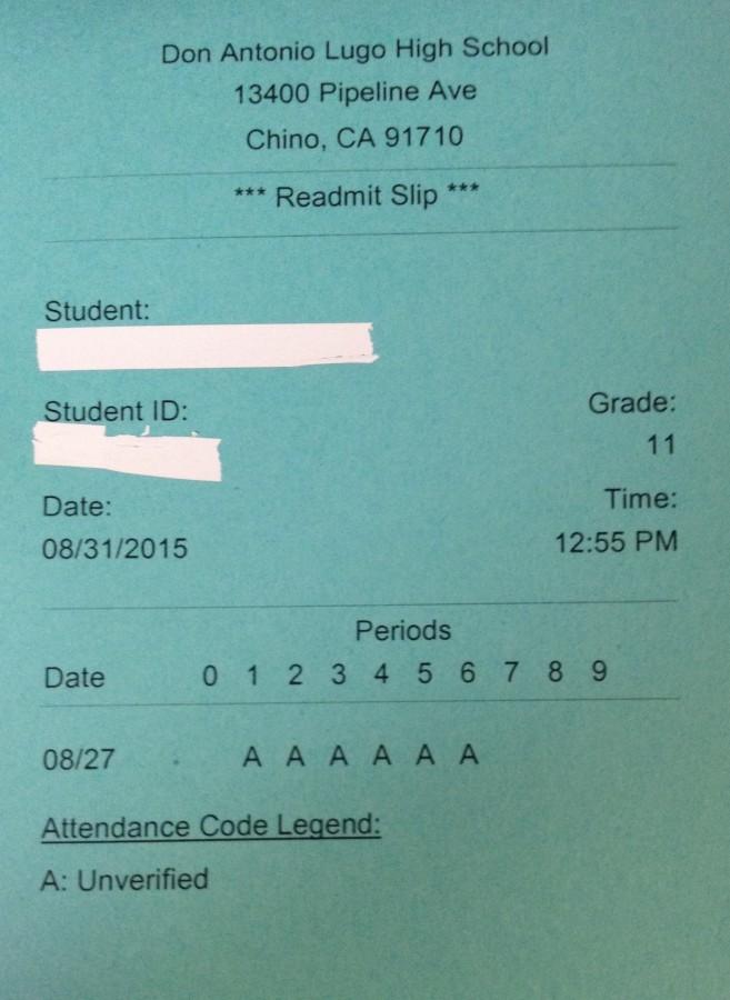 Re-admit slips are located in the attendance office and are needed to return to class.