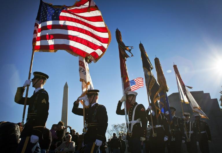 WASHINGTON, DC - NOVEMBER 11:  The color guard makes its entrance at the Veterans Day ceremony at the National World War II Memorial November 11, 2010.  (Photo by Dayna Smith/for the Washington Post)