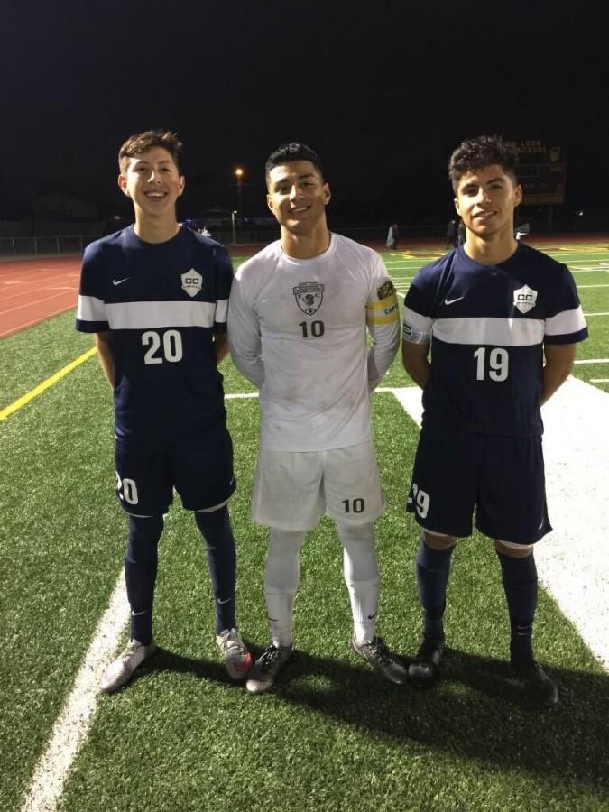 Even with the tension that comes with the big rivalry game there are still friendships that lay between the two teams. Here is Don Lugo forward Tony Villegas snapping a picture with two players from the Chino Cowboys.