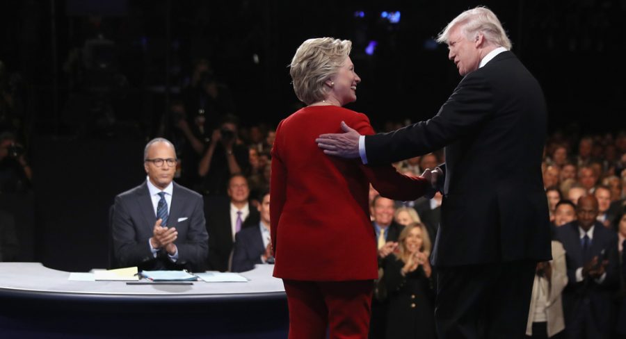 Republican nominee Donald Trump and Democratic nominee Hillary Clinton shake hands as they both take stage at the first presidential debate. It was a fiery debate between both candidates that has left America wondering who will be the next president of the United States. This is the first of four debates that are soon to come.