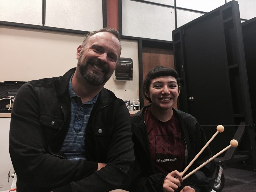 Band director, Mr. Yanik, poses alongside drum major assistant, Angelica Guererro. As a part of the Winterline ensamble, she will be involved with preparing for the upcoming season performances. The group practices from 4-8 p.m, at least two days a week in preparation to get ready to compete throughout Southern California.