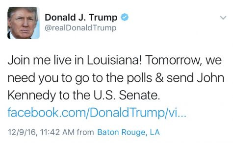 In the tweet above, Trump requests his supporters to vote for John Kennedy. Trump gives a thank you speech in Louisiana during the election of the U.S. Senate. Trumps reasons for saying thank you are for his personal plans.