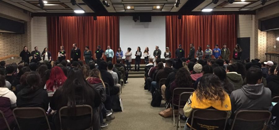 The 21 alumni stand in front of the senior class of 2017. Each guest spoke about their experiences and provided advice for students. Life After Lugo is  a three-session event.