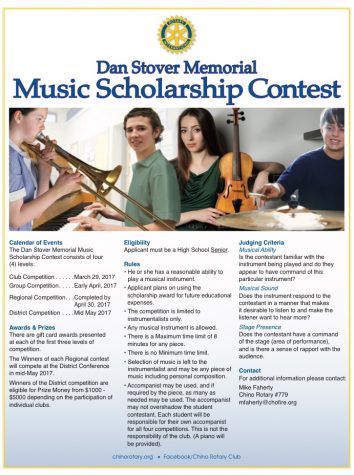 The Dan Stover Memorial Music Contest is being offered to Lugo seniors. 
The Rotary Club of Alhambra, following the death of Dan Stover, a man who was a well established Rotarian, musician and person has had music scholarship made after him. a Music Scholarship Program in his name.  Winners are
eligible for Prize Money from $1000 -
$5000 depending on the participation of
each individual club. 