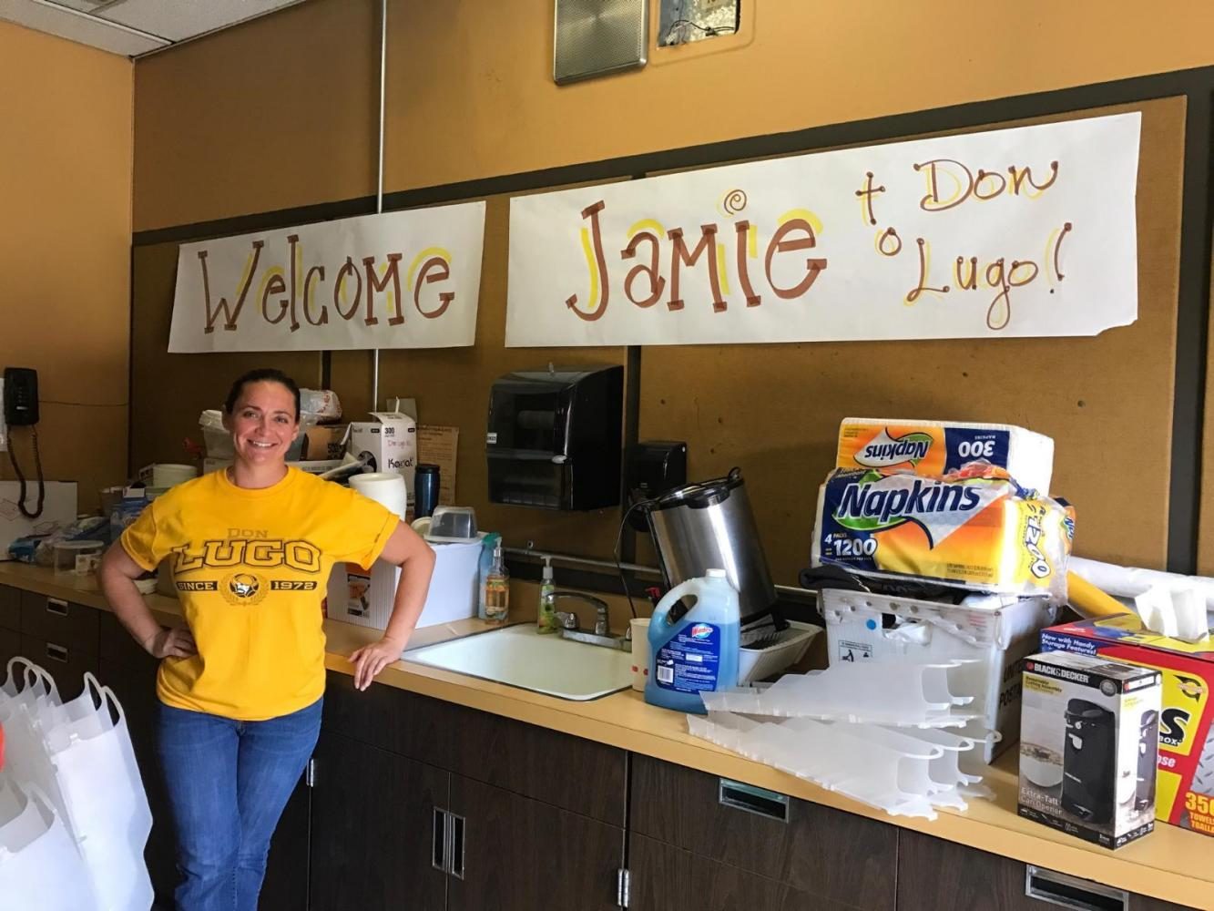 The Leadership department welcomes Jaime with a sign hung inside the student store. Jaime states ,I was excited to come over here. I have seen the student store and was wanting to come and help. 