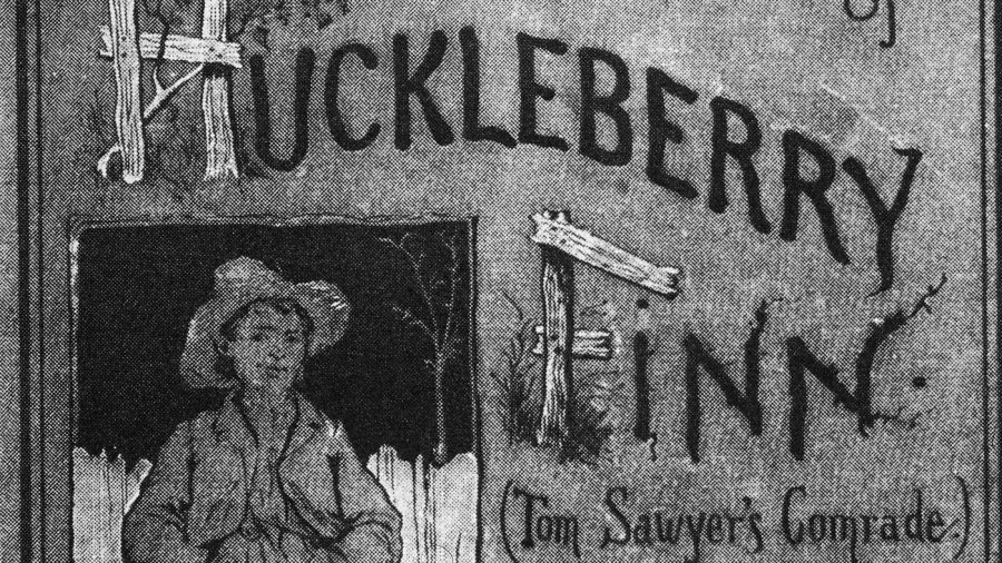 Cover of the book Adventures of Huckleberry Finn (Tom Sawyers Comrade) by Mark Twain (Samuel Clemens), 1884. The illustration is by E. M. Kimble.