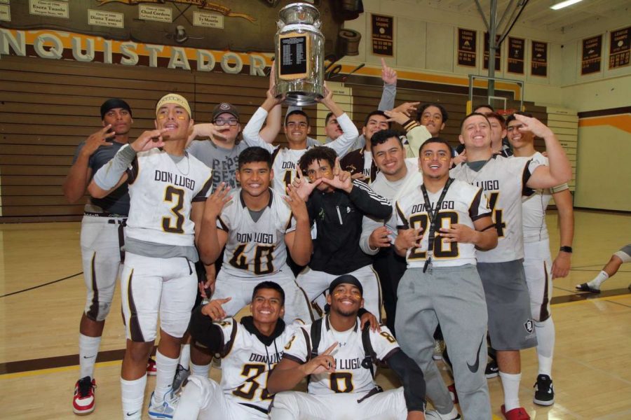Lugo Takes Milkcan for 3rd straight year. Don Lugo Varsity Football Team celebrating Milkcan win in Don Lugo Gym. Strong win against our rival, we look to carry on for our league final -Coach Gano (Photo Courtesy of: Anthony Luna via Facebook)