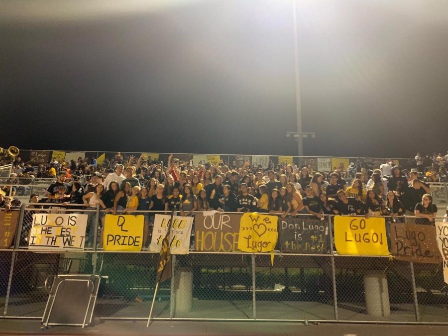 Don Lugos student section decked out in Lugo spirit wear. Students support the football team at a varsity home game. Aint no party like a Lugo party! Photo courtesy of Isabella Angon.