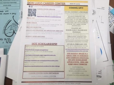 This is a flyer from the career center that shows students the programs that the career center holds. It shows when the next college presentations are being held, scholarships, and the application process. 