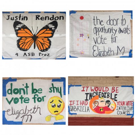 Posters created by class officers to advertise themselves for votes. Justin Rendon (Top Right), Elizabeth M. (Top Right & Bottom Left), Gabriella Gandara (Bottom Right)