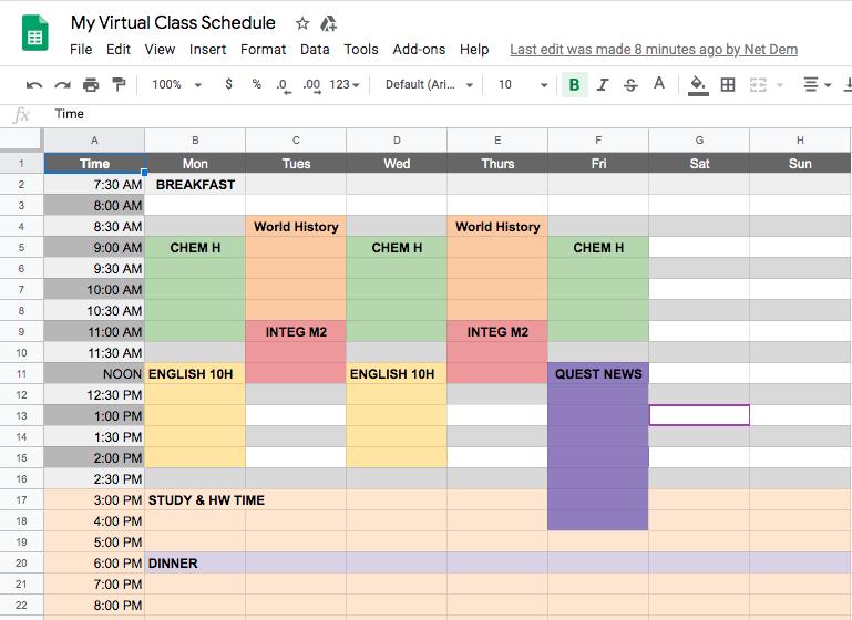 My new online learning schedule. Getting organized is a must when  doing virtual schooling. Students who dont plan how to spend their time will easily fall behind.