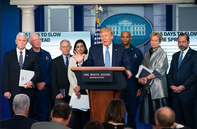 President Donald J. Trump, joined by Vice President Mike Pence and members of the White House Coronavirus Task Force, delivers remarks at a coronavirus update briefing Monday, March 16, 2020, in the James S. Brady Press Briefing Room of the White House. 