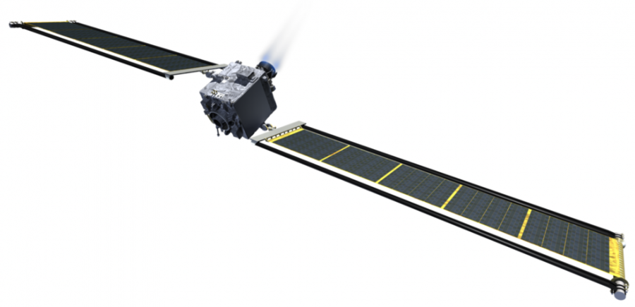 Illustration of the DART spacecraft with the Roll Out Solar Arrays (ROSA) extended. Each of the two ROSA arrays in 8.6 meters by 2.3 meters.
