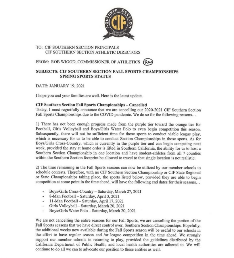 CIFs released statement on the update for Fall Sports (1st page) Photo Courtesy of cifss (Instagram)