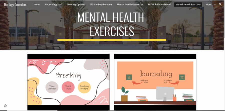 The Don Lugo counselor website with videos that offer students mental health exercises and different ways to relieve their stress.