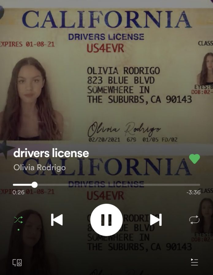 Olivia Rodrigos song drivers license plays on the Spotify app. Since its release, many teens have streamed the song.