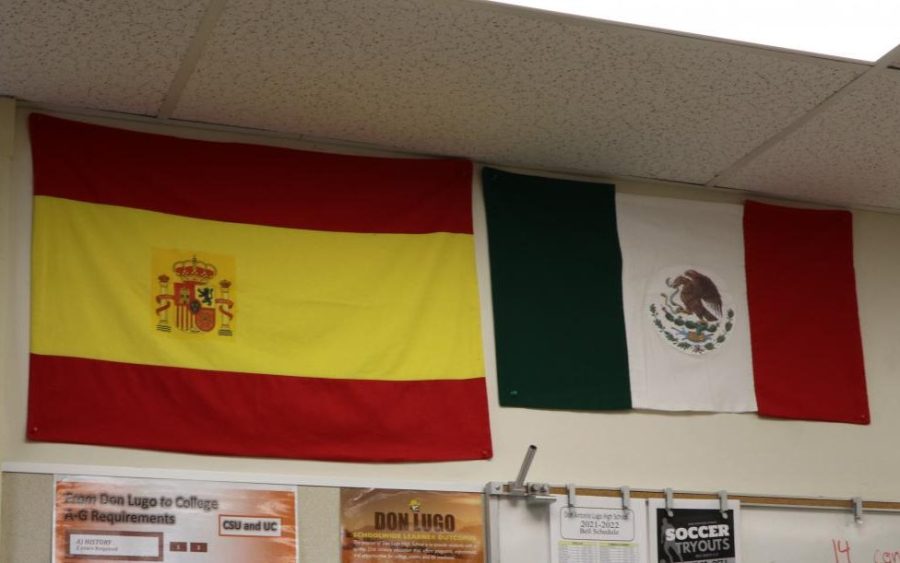 The flags of Spain and Mexico are hung up in one of the Spanish classrooms, Sr. Machuca. A majority of the demographics that make up Don Lugo are Latinx and/or Hispanic.