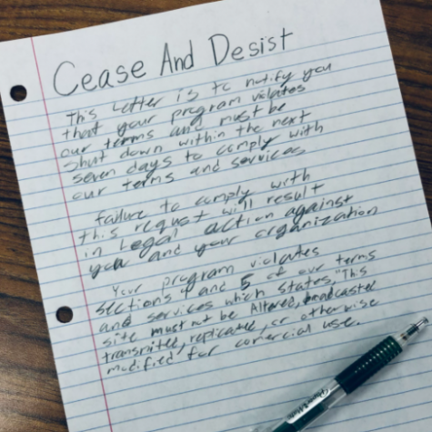 A Letter Titled Cease And Desist. The contents of the letter are to inform the recipient that they must shut down a program they made.