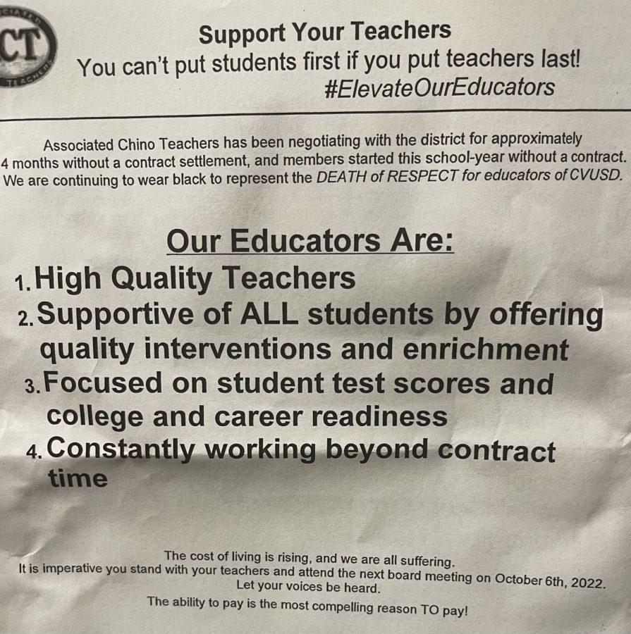 Flyers created by the ACT were handed out by Don Lugo teachers last Friday morning in support of CVUSD educators.