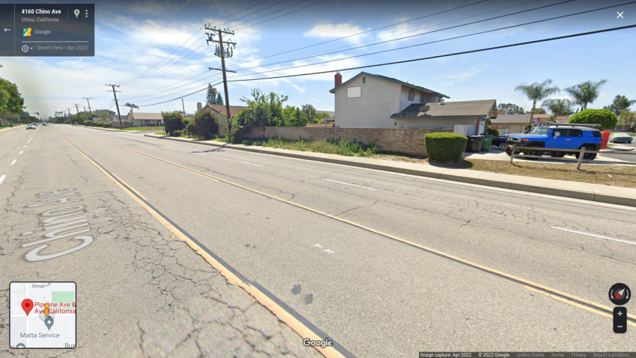 Photo of the location where the car crash happened.

Google Maps, 2022. Chino Street: 1:1.500. Google Maps [online] Available through: Google Maps [Accessed 3 November 2022].