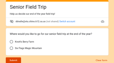 Screenshot taken of the survey sent out to seniors to decide where the senior field trip will take place in.