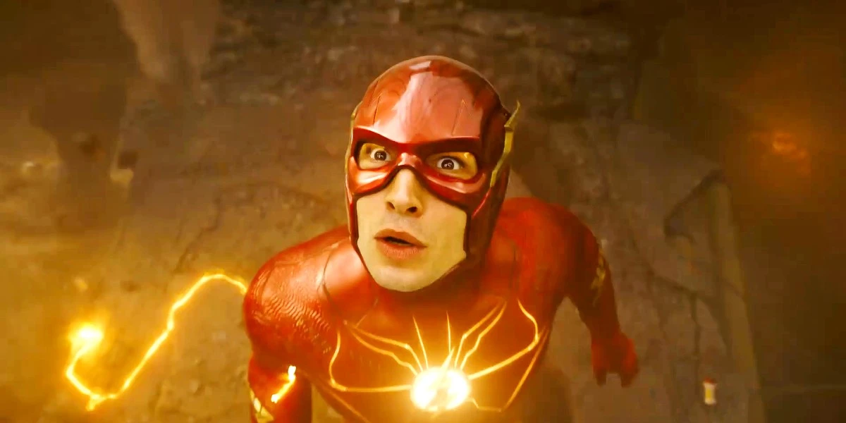 The Flash, played by Ezra Miller,  witnessing the destruction of Gotham City hospital.