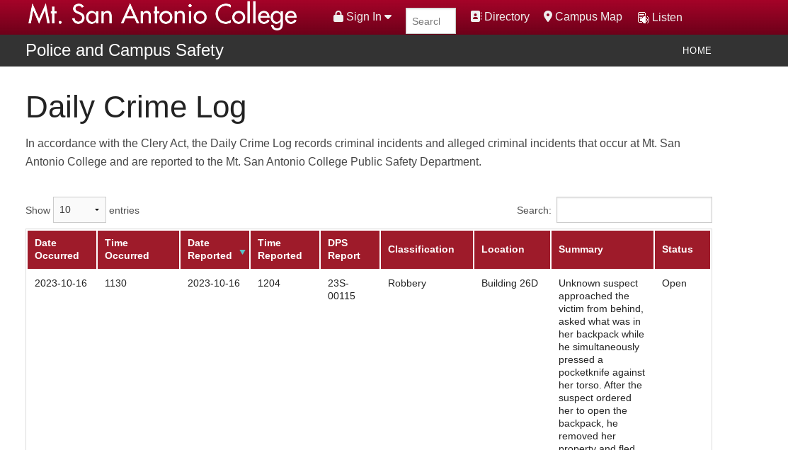 A picture of the Mt.Sac Crime Log which includes when, where and how crimes happen on campus.