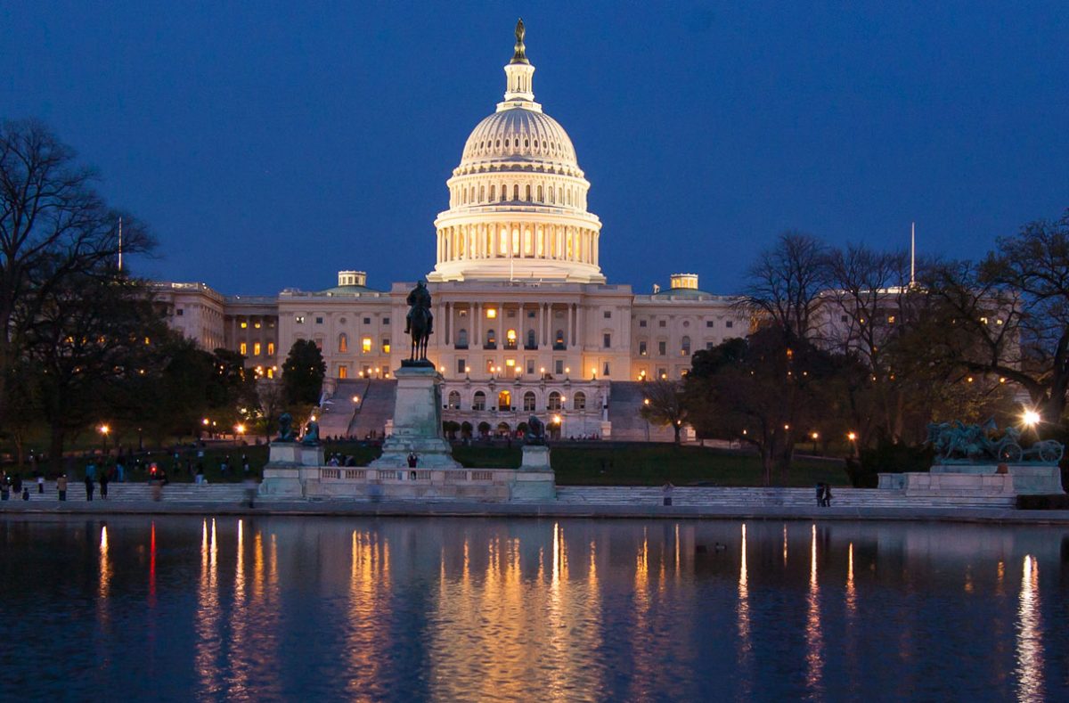 Photo of the Capitol in Washington DC in the evening.