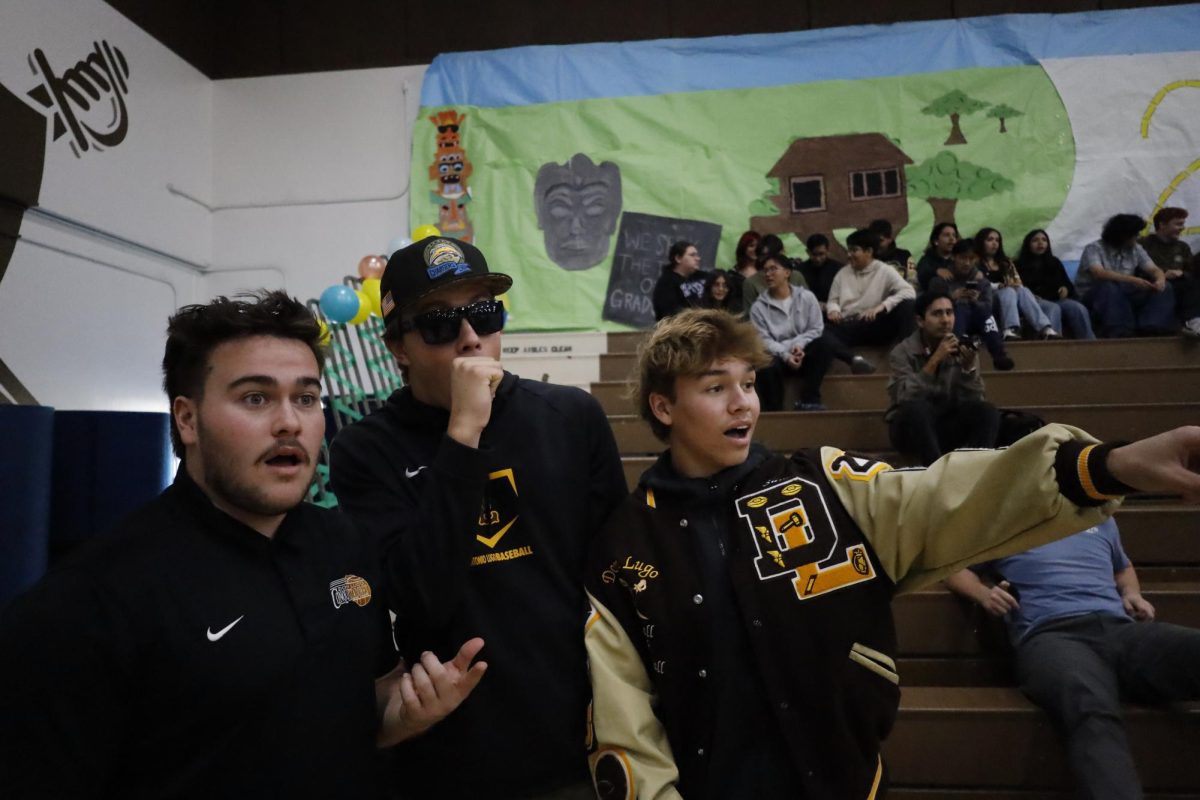 Senior Austin Brown and his friends getting loud and excited for the rally while watching the games.